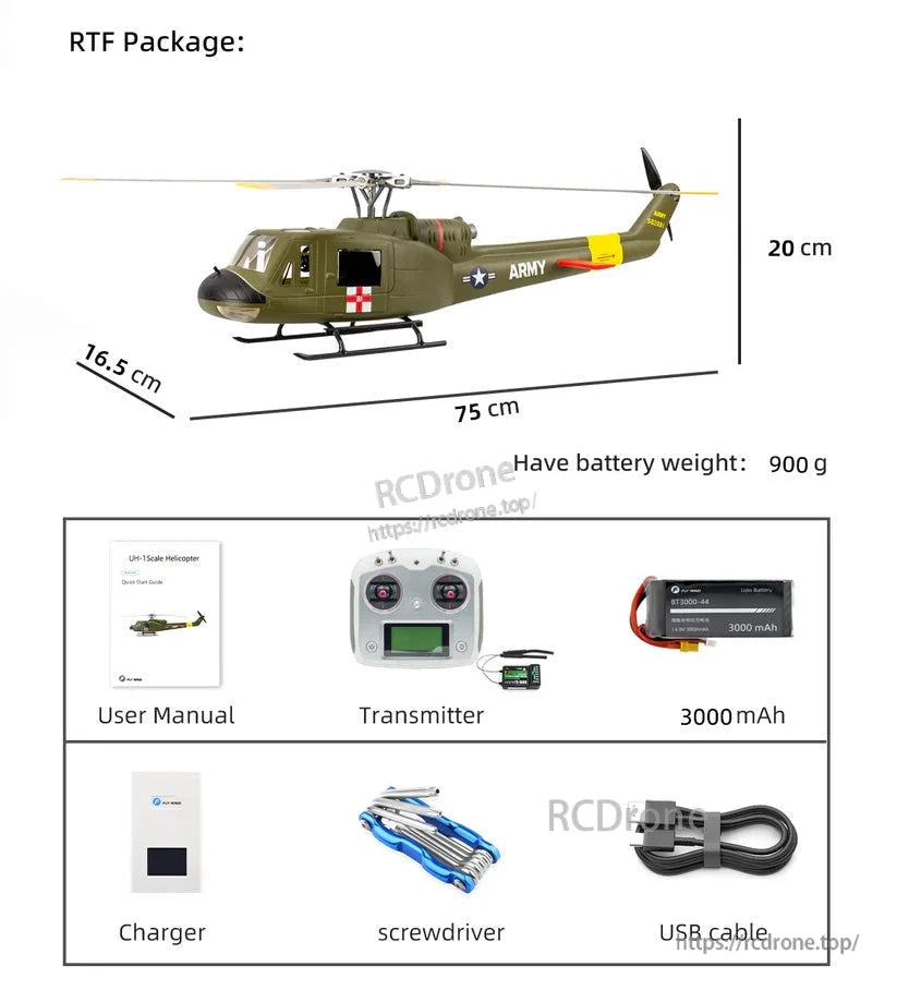 Flywing UH-1 Huey V4 RC Helicopter, 75 cm UH-1 scale helicopter, 900g with battery. RTF package includes transmitter, 3000mAh battery, charger, tools, manual, and USB cable.