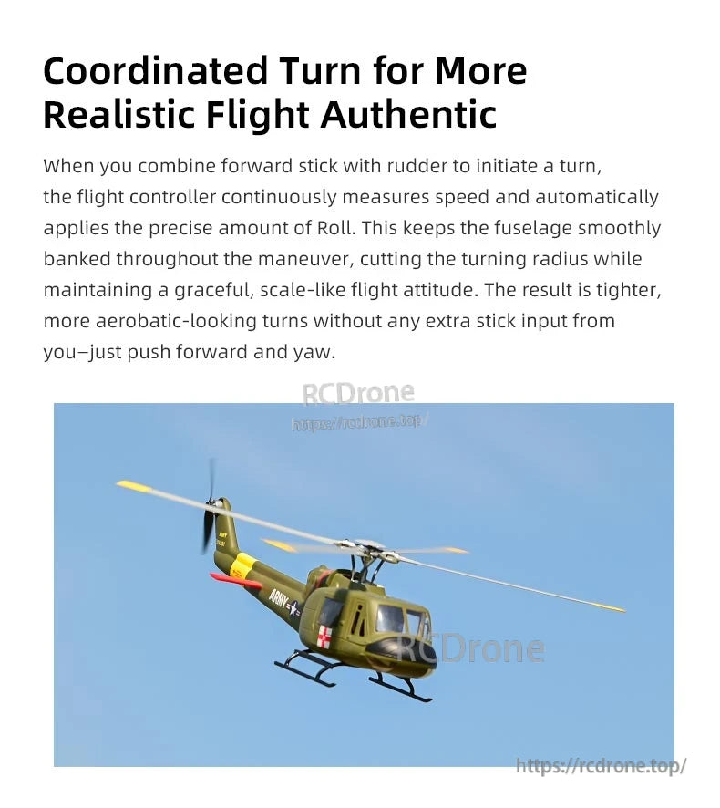 Flywing UH-1 Huey V4 RC Helicopter, A green "ARMY" helicopter with a red cross performs smooth, tight turns using coordinated stick and rudder inputs, showcasing realistic flight dynamics in a clear sky.