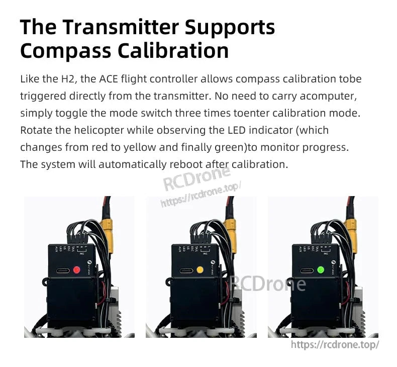 Flywing UH-1 Huey V4 RC Helicopter, Toggle the mode switch three times to start compass calibration; rotate the helicopter until the LED turns green, then the system reboots automatically.
