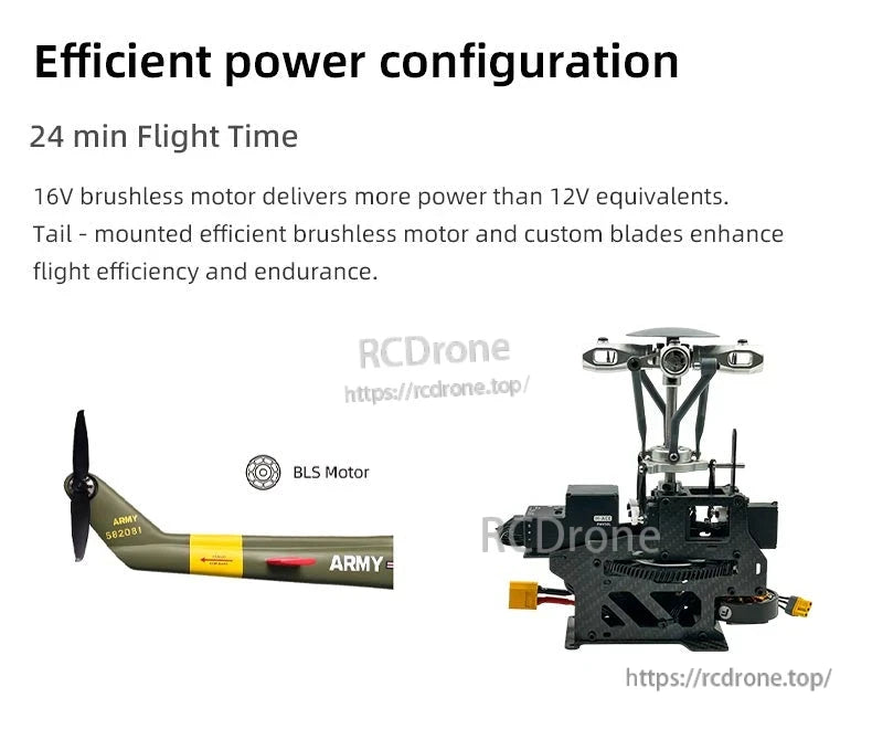 Flywing UH-1 Huey V4 RC Helicopter, 16V brushless motor drone with 24-minute flight time, custom blades, tail motor, and ARMY livery for enhanced efficiency and style.