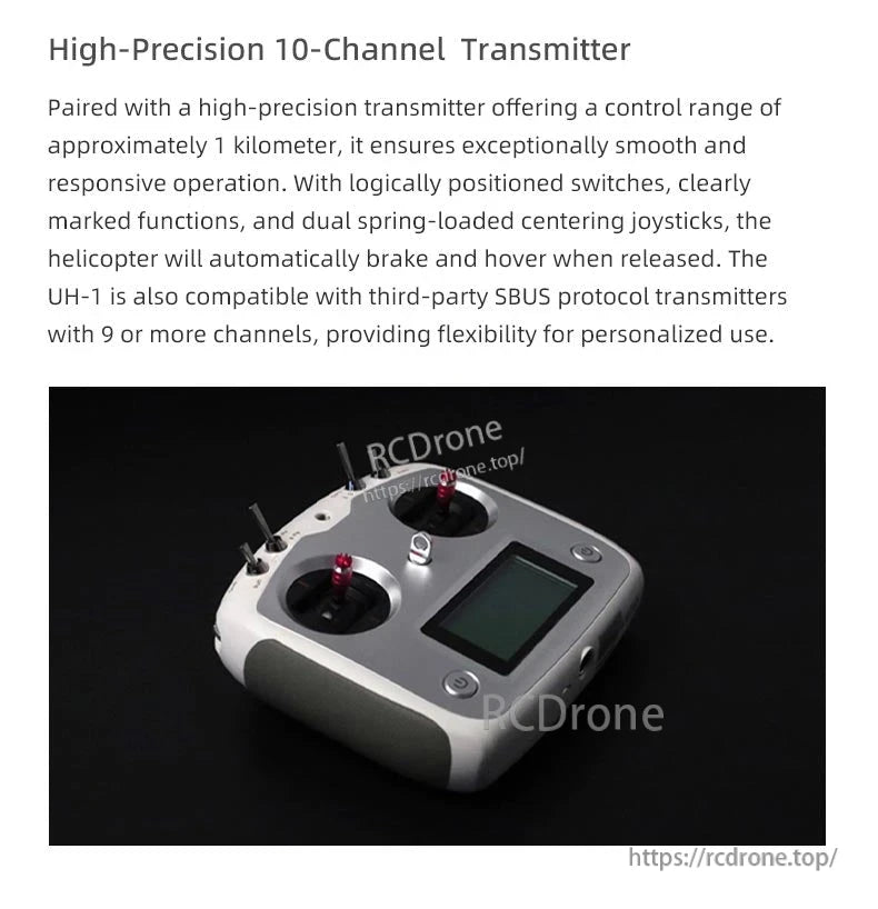 Flywing UH-1 Huey V4 RC Helicopter, 10-channel transmitter with 1 km range, intuitive layout, centering joysticks, SBUS compatibility, and clear display for precise, reliable drone control.