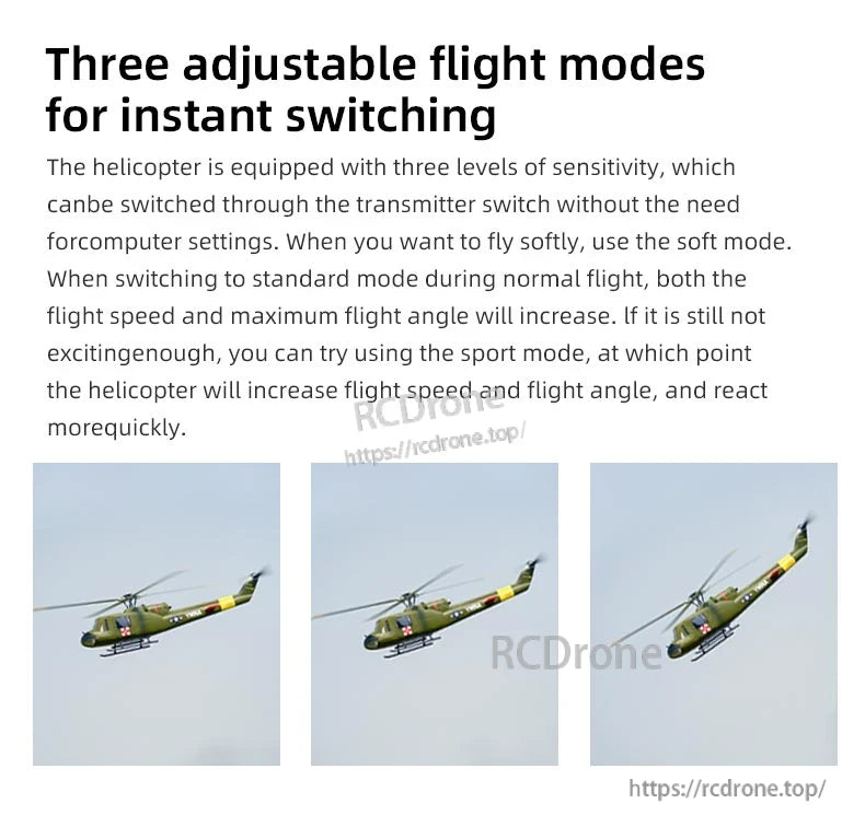 Flywing UH-1 Huey V4 RC Helicopter, The Flywing UH-1 Huey V4 offers three adjustable flight modes—soft, standard, sport—for all skill levels, enabling seamless, responsive control without computer setup.