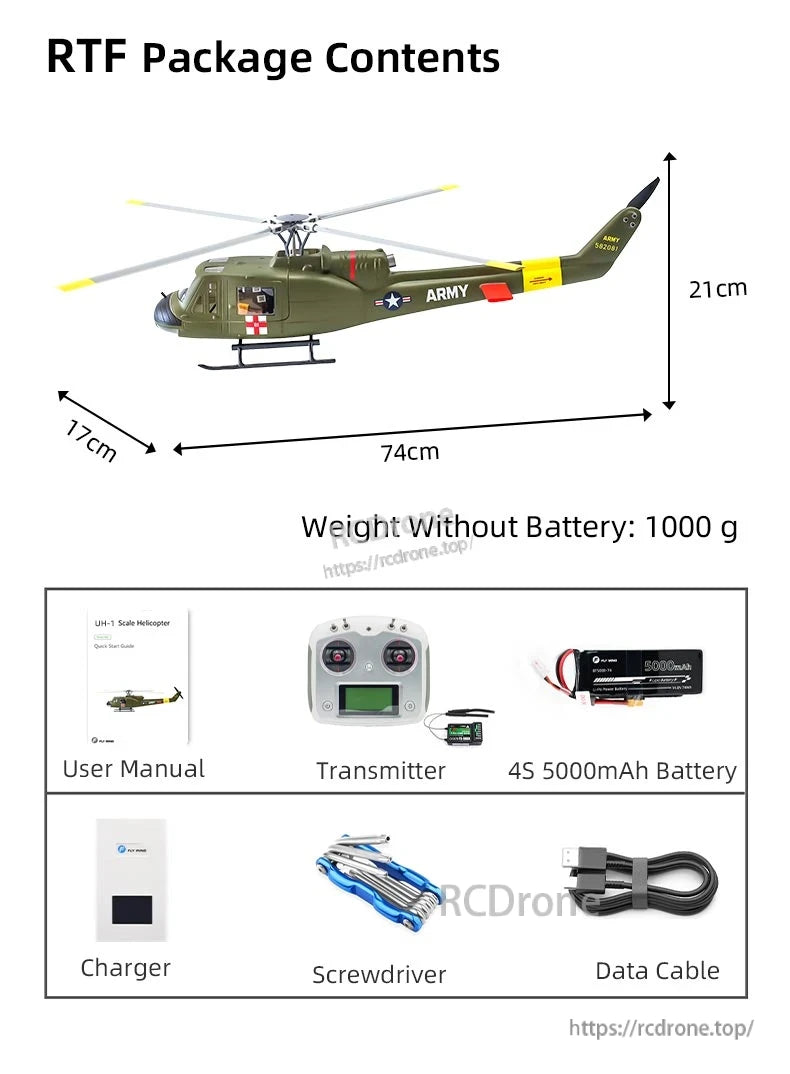 Flywing UH-1 Huey V4 RC Helicopter, RTF UH-1 helicopter package includes heli, transmitter, 4S 5000mAh battery, charger, tools, cable, manual. Size: 74x21x17cm; weight: 1000g (without battery).