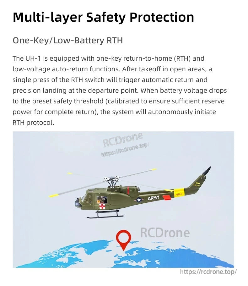 Flywing UH-1 Huey V4 RC Helicopter, The Flywing UH-1 Huey V4 features one-key and low-battery RTH, ensuring safe returns. Its army-green design with "ARMY" markings emphasizes durability and reliable, intelligent flight safety.
