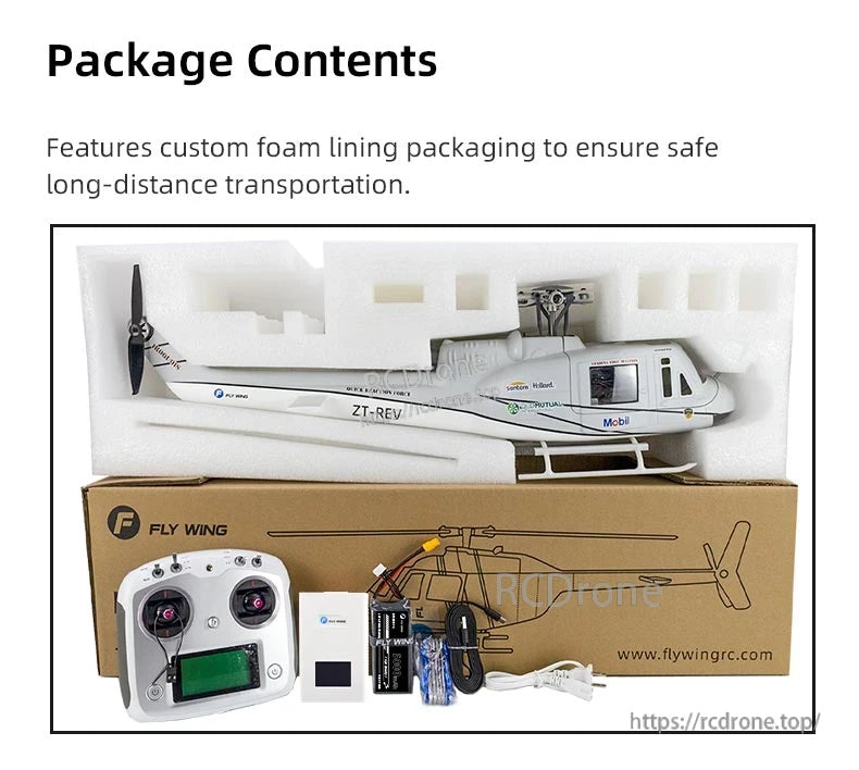 Flywing UH-1 Huey V4 RC helicopter includes remote, battery, charger, and packaging—ready-to-fly model with detailed design and reliable performance.