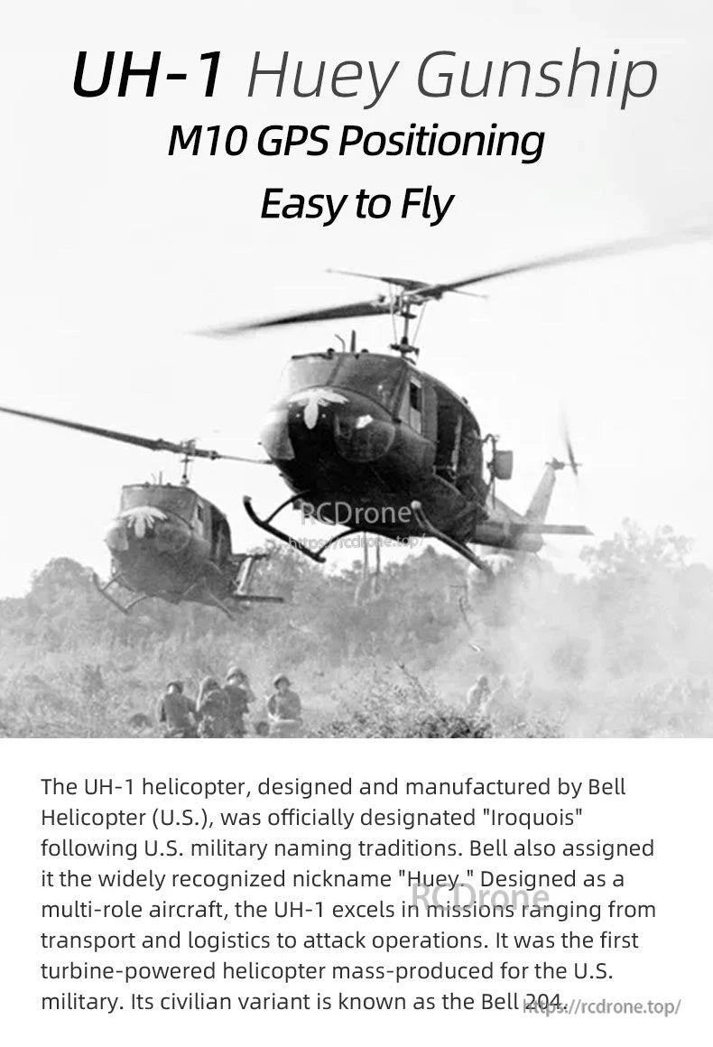 Flywing UH-1 Huey V4 RC Helicopter, The UH-1 Huey, a versatile Bell helicopter, excels in transport, logistics, and attack roles, featuring M10 GPS and easy flight controls; civilian model is Bell 204.