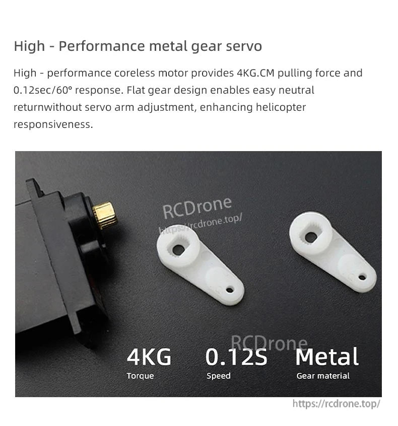 Flywing UH-1 Huey V4 RC Helicopter, High-performance metal gear servo with 4KG torque and 0.12S speed, designed for improved helicopter responsiveness and durability.