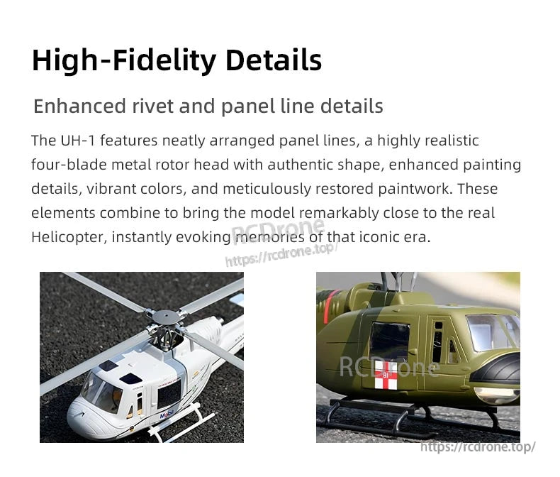 Flywing UH-1 Huey V4 RC Helicopter, Detailed lines, realistic rotor, vibrant colors, restored paint, enhanced rivets, and authentic design accurately capture the iconic UH-1 helicopter’s essence with high fidelity. (24 words)