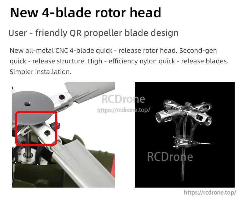 Flywing UH-1 Huey V4 RC Helicopter, New 4-blade rotor head features quick-release metal CNC design, high-efficiency nylon blades, and easy installation.