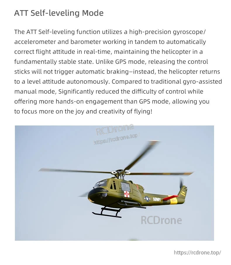 Flywing UH-1 Huey V4 RC Helicopter, ATT Self-leveling Mode uses sensors for real-time stabilization, enabling autonomous balance when controls are released—easier than manual, more engaged than GPS mode.