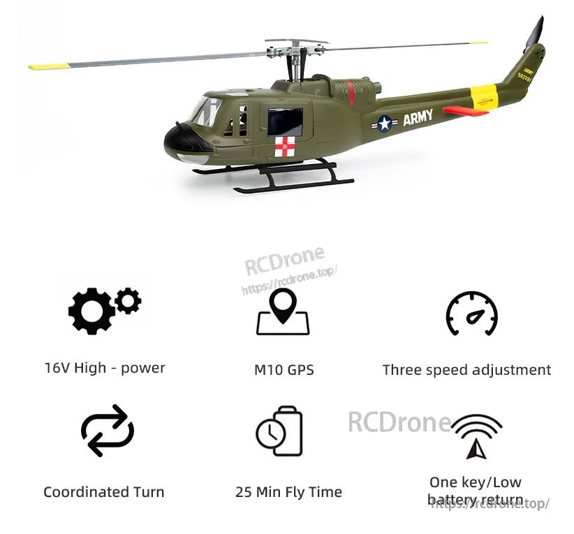 Flywing UH-1 V4 RC helicopter features 16V power, M10 GPS, three-speed modes, coordinated turns, 25-minute flight time, and one-key low-battery return.
