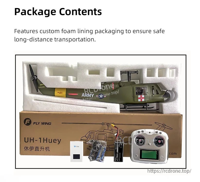 Flywing UH-1 V4 RC Helicopter, Flywing UH-1 Huey RC helicopter includes remote, battery, charger, and foam-lined packaging for safe transport and storage.