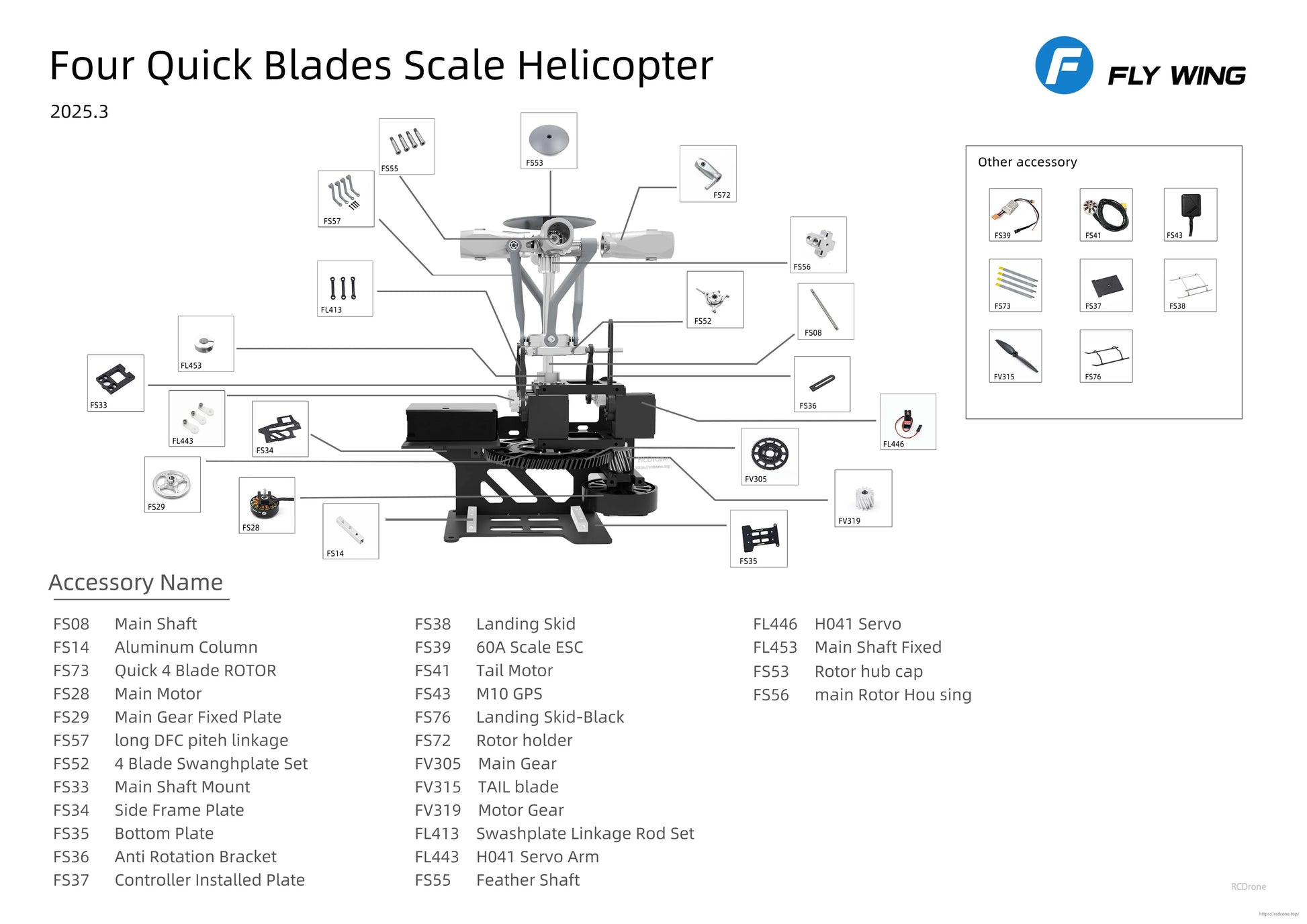 Flywing UH-1 V4 RC Helicopter, 74 cm scale with ACE controller and M10 GPS, RTF/PNP options. Includes motor, blades, servos, skids, and structural parts.