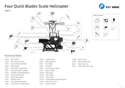 Flywing UH-1 V4 RC Helicopter, 74 cm scale with ACE controller and M10 GPS, RTF/PNP options. Includes motor, blades, servos, skids, and structural parts.
