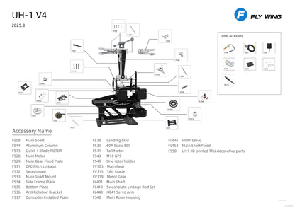 Flywing UH-1 V4 RC Helicopter, Flywing UH-1 V4 RC helicopter parts diagram with labeled components: main shaft, motor, rotor, GPS, servo, and accessories, including names and codes for assembly.