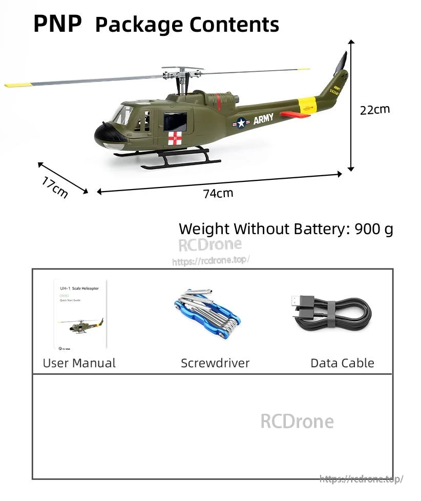 Flywing UH-1 V4 RC Helicopter, 74cm PNP RC helicopter, 22cm high, weighs 900g; includes manual, screwdriver, and data cable.