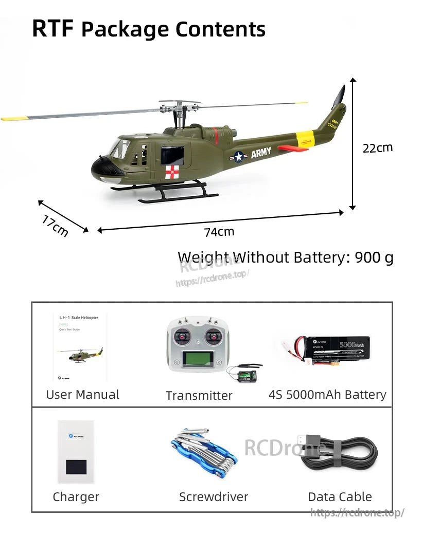 Flywing UH-1 V4 RC Helicopter, RTF UH-1 kit includes helicopter, transmitter, 4S 5000mAh battery, charger, tools, cable, manual. Size: 74x22x17cm; weight: 900g (without battery).