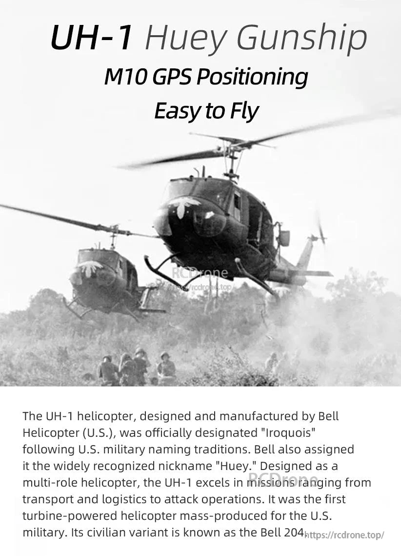 Flywing UH-1 V4 RC Helicopter, The UH-1 Huey, a versatile Bell helicopter used in transport and attack roles, features M10 GPS and easy flight controls; civilian model is Bell 204.