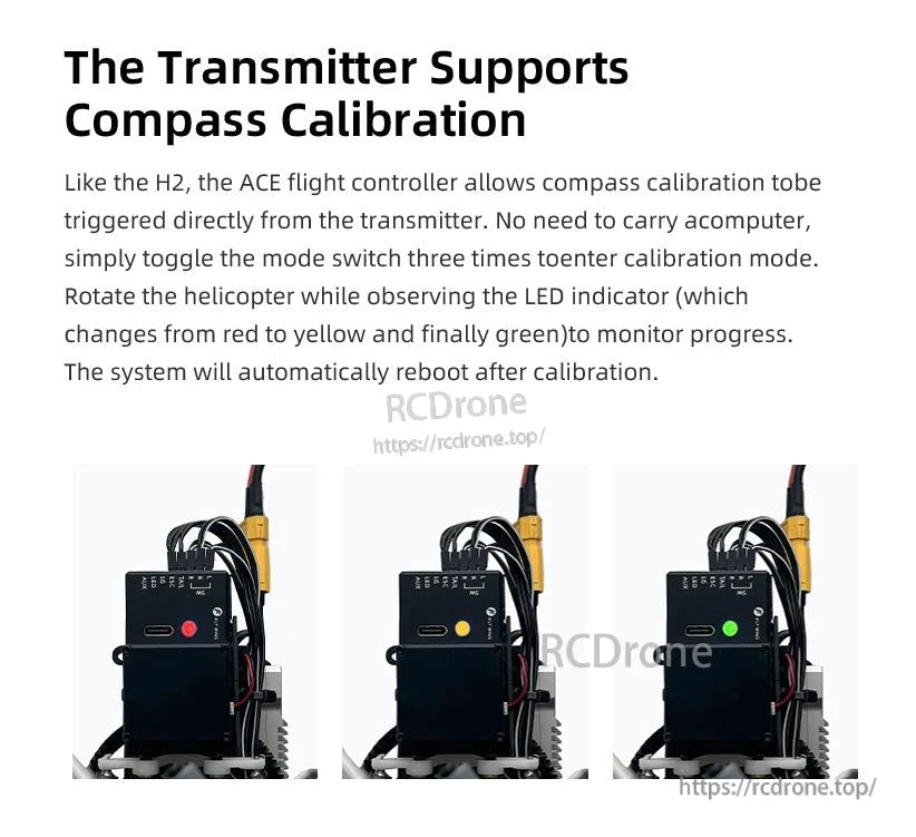 Flywing UH-1 V4 RC Helicopter, Calibrate compass via ACE flight controller by toggling mode switch three times, rotate helicopter until LED turns green; system reboots automatically. (24 words)