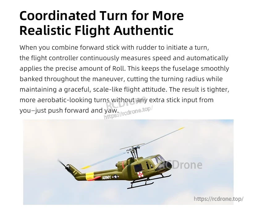 The Flywing UH-1 V4 RC helicopter features a coordinated turn system for smooth, stable flight and realistic aerobatic control, enhanced by its military-style design with "ARMY" and red cross markings.