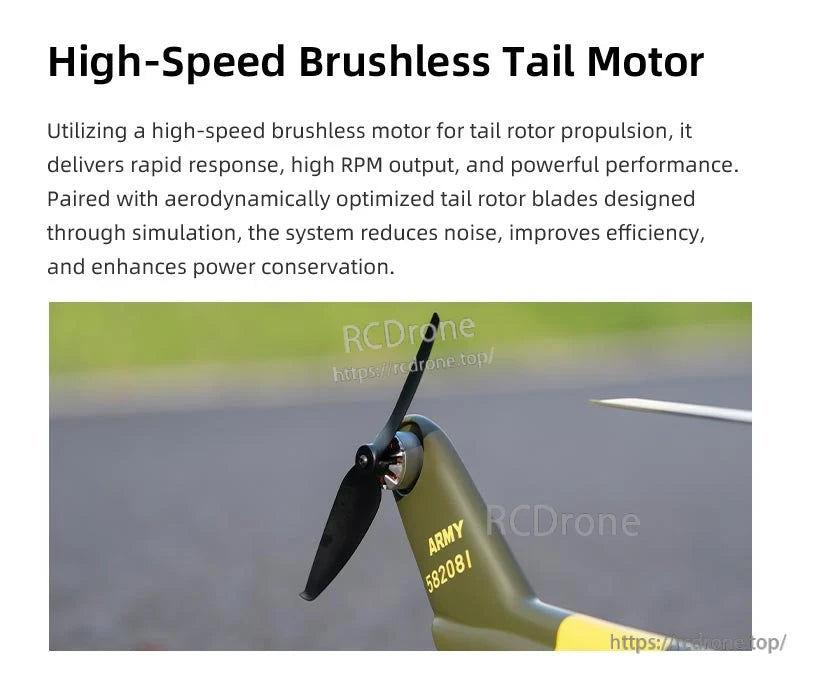 Flywing UH-1 V4 RC Helicopter, High-speed brushless motor and optimized blades ensure powerful, efficient, quiet performance; marked Army 582081 on tail.