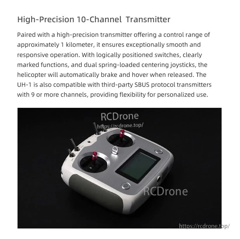 Flywing UH-1 V4 RC Helicopter, 10-channel transmitter with 1km range, dual centering joysticks, auto-hover, SBUS compatibility, and intuitive controls for precise, responsive drone operation.