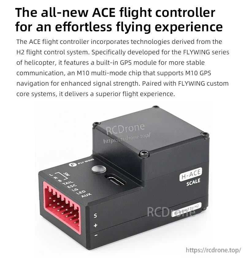 Flywing UH-1 V4 RC Helicopter, The ACE flight controller offers stable, precise flight with GPS, M10 chip, labeled ports, USB-C, and H2-powered performance for FLYWING helicopters.