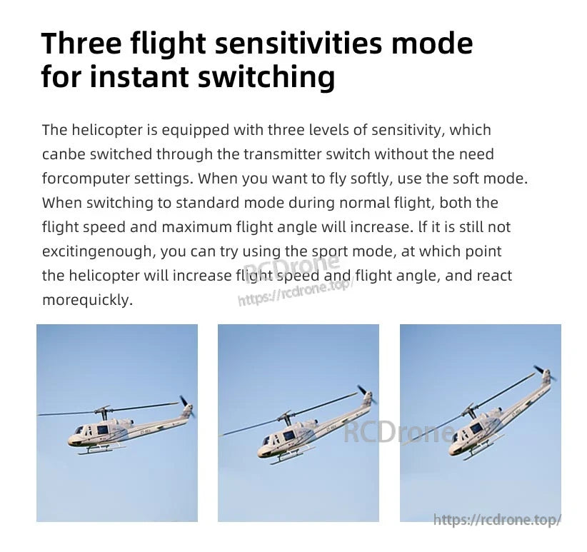 Flywing UH-1 V4 RC Helicopter, Three flight modes—Soft, Standard, Sport—offer adjustable sensitivity and performance; easily switched via transmitter for smooth, balanced, or agile flight, illustrated in mid-air maneuvers.
