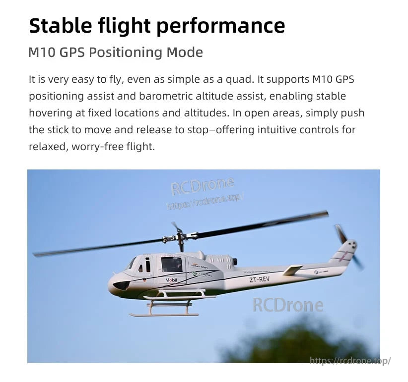 Flywing UH-1 V4 RC Helicopter, M10 uses GPS and barometric data for stable flight and precise hovering. Intuitive controls ensure smooth, worry-free flying in open areas. (24 words)