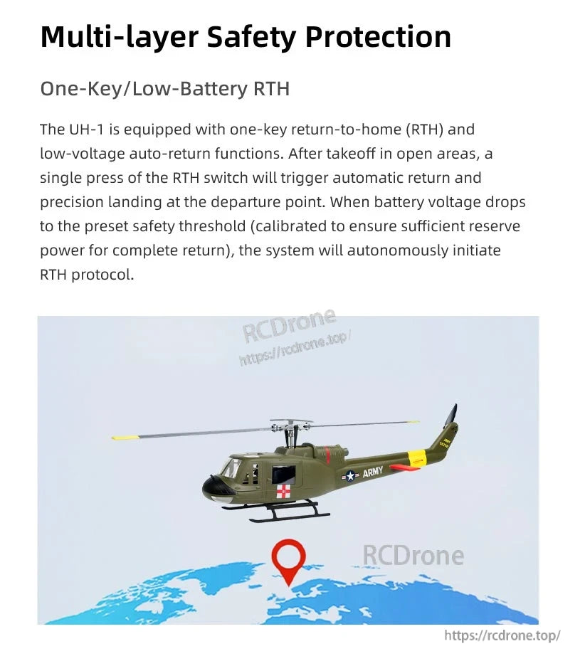 Flywing UH-1 V4 RC Helicopter, Advanced safety features include one-key return-to-home, low-battery auto-return, and precise landing, ensuring reliable, long-distance navigation with intelligent battery management for a seamless flying experience.