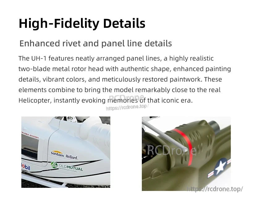 The Flywing UH-1 V4 RC helicopter features realistic details, metal rotor head, authentic logos, and vibrant paint, capturing the classic helicopter’s spirit with high-fidelity craftsmanship.