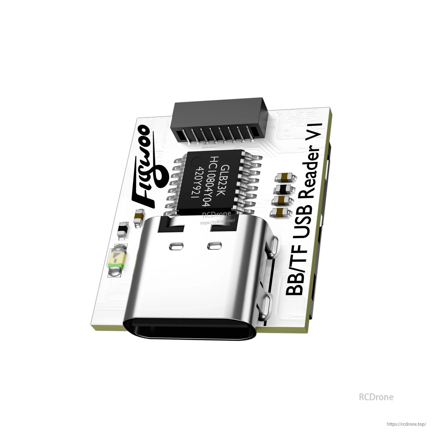 Flywoo BBITF USB Reader V1 board with USB-C port, 8-pin header connector, and compact white PCB