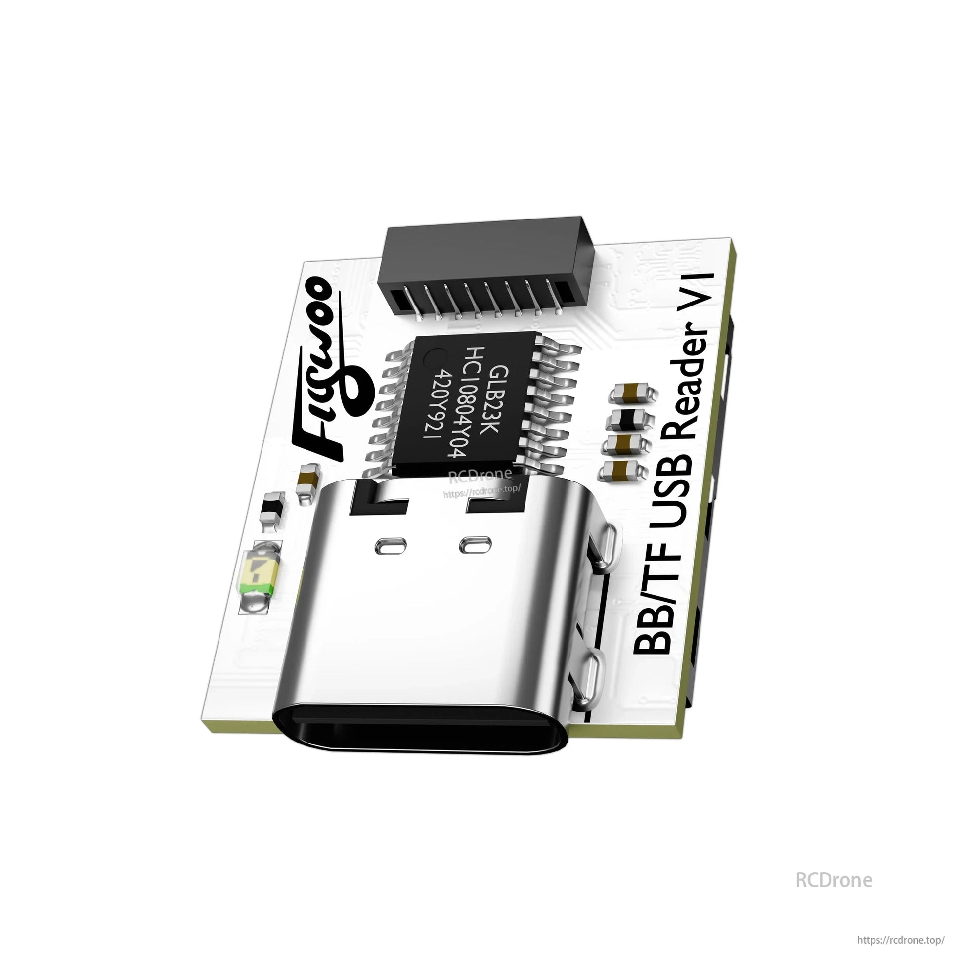 Flywoo BBITF USB Reader V1 board with USB-C port, 8-pin header connector, and compact white PCB