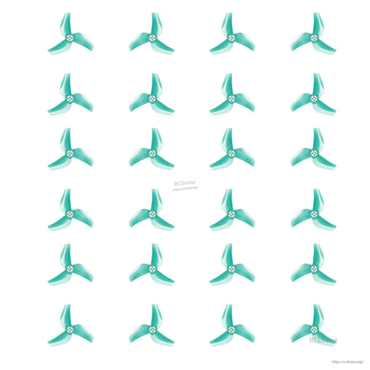 Flywoo 1611 3-Blade Propeller, Flywoo 1611 teal 3-blade drone propellers with tri-blade design and center hub, arranged on white