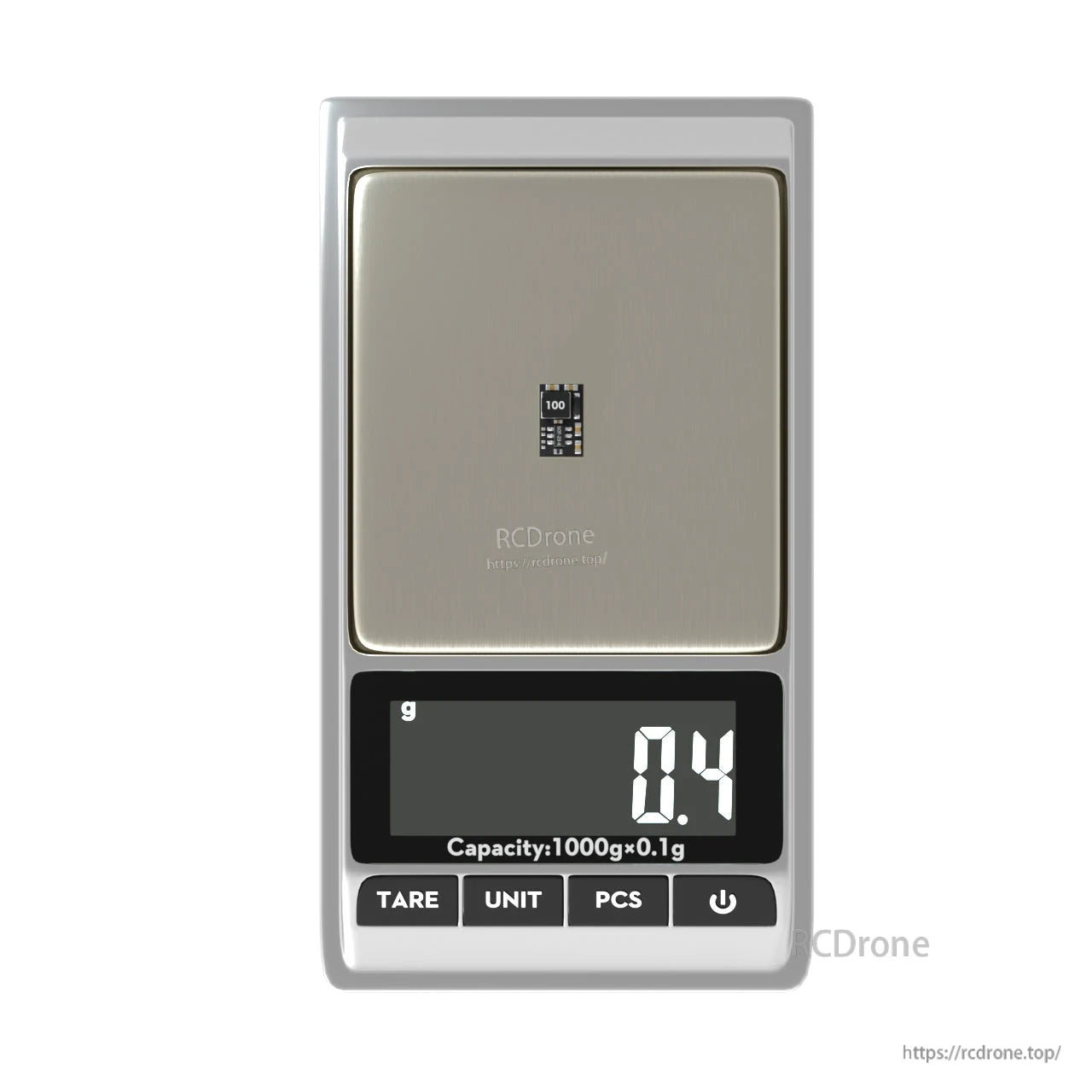 Tiny Flywoo 3.3V 1.5A BEC power module on a digital scale, weighing 0.4 g