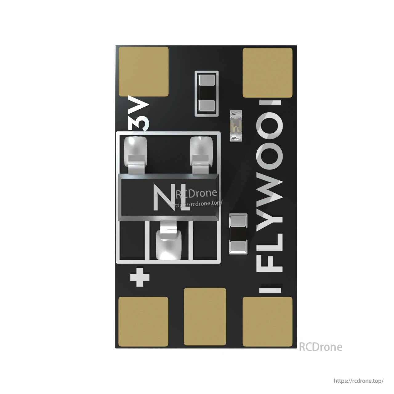 Flywoo 3.3V 1.5A BEC, Flywoo 3.3V BEC power regulator module with large solder pads and 3V/+ markings on a compact PCB