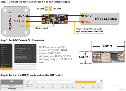 Flywoo 5V/12V 2A BEC wiring diagram showing 2–6S input, selectable 5V or 12V output, and LED strip pads