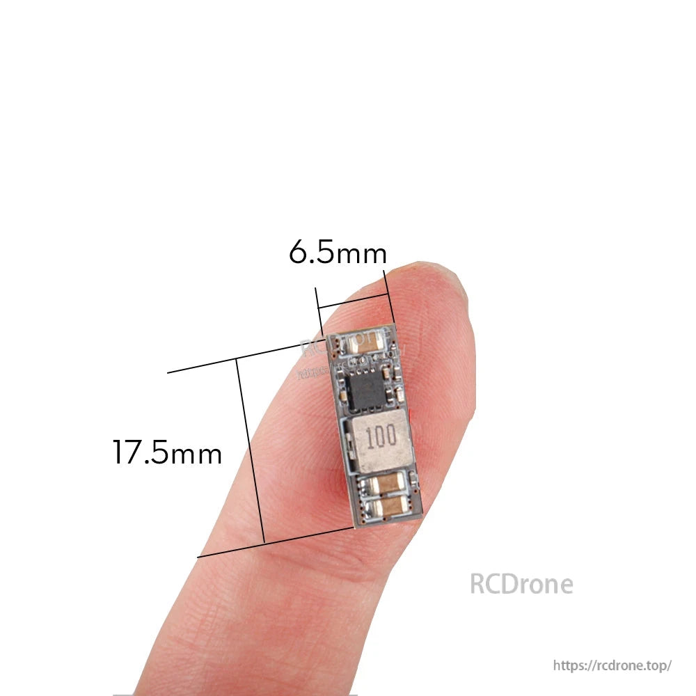 Flywoo 5V/12V 2A BEC, Tiny Flywoo BEC voltage regulator module on fingertip, about 17.5mm long and 6.5mm wide