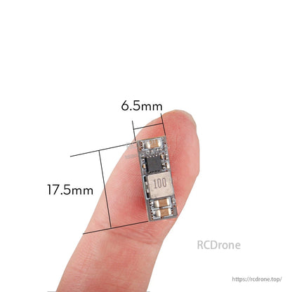 Flywoo 5V/12V 2A BEC, Tiny Flywoo BEC voltage regulator module on fingertip, about 17.5mm long and 6.5mm wide