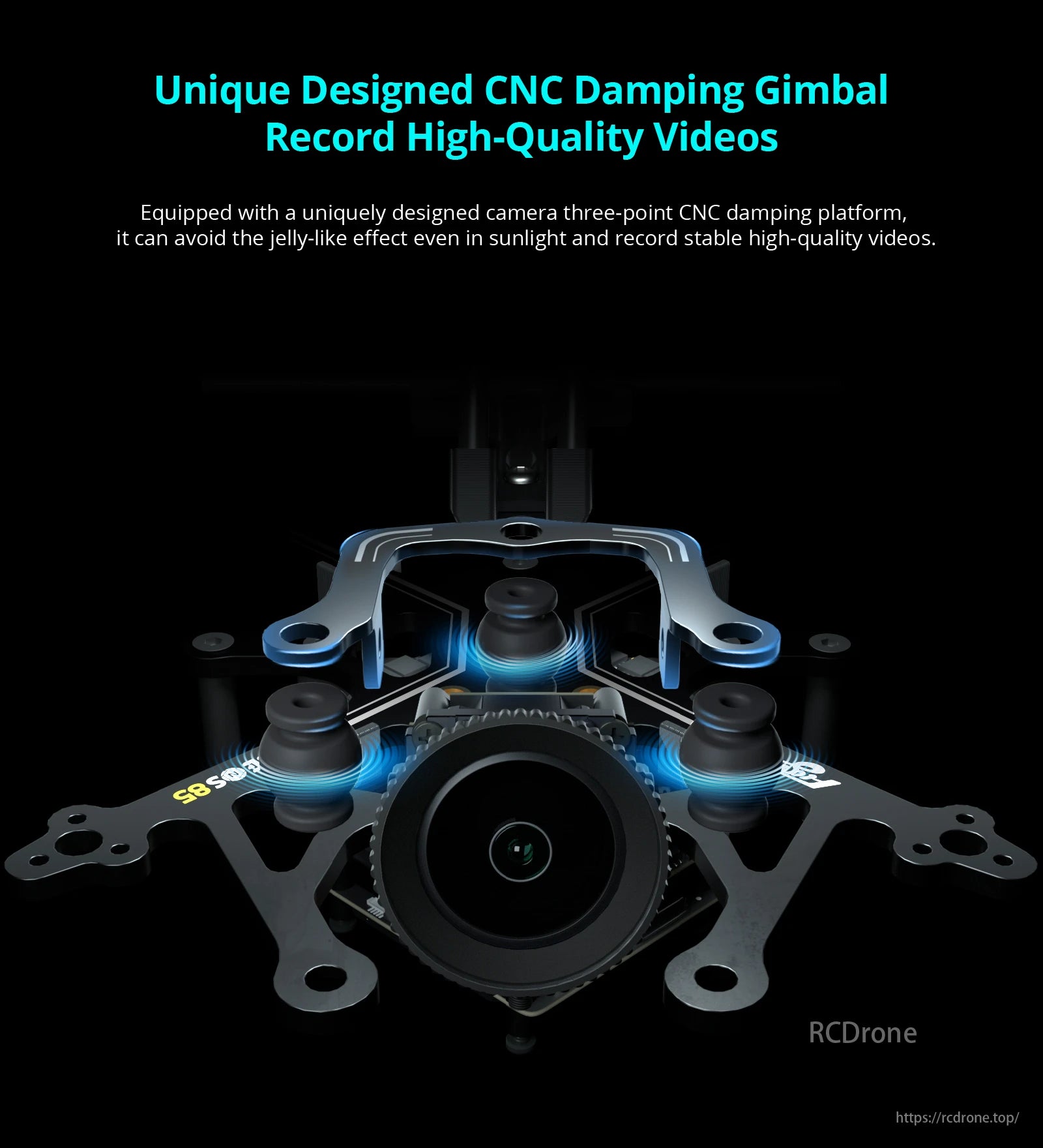 Flywoo 85 HD Whoop Drone, CNC damping gimbal ensures stable, high-quality video recording, eliminating jelly effect in sunlight.