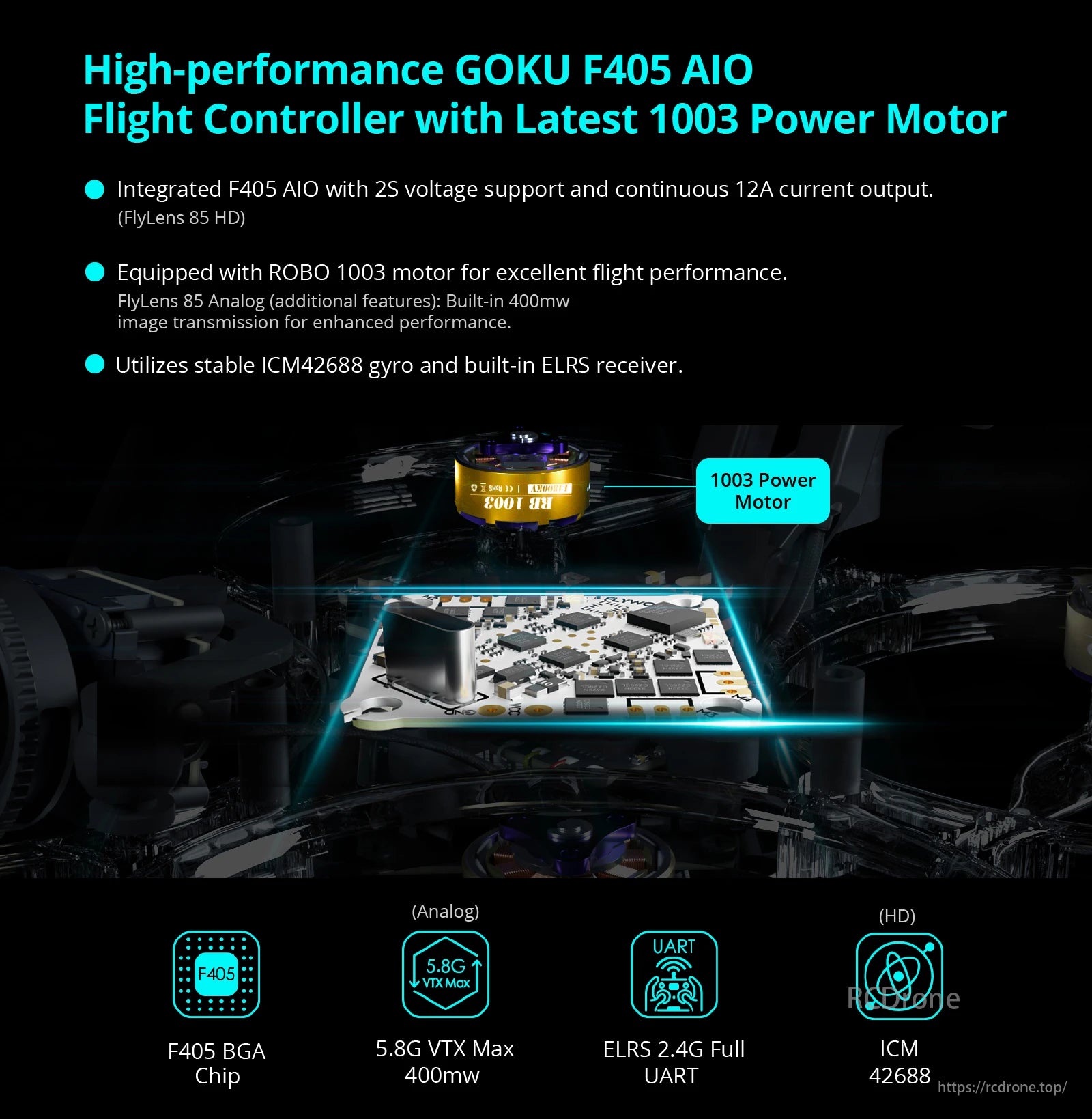 Flywoo 85 HD Whoop Drone, GOKU F405 AIO Flight Controller features 1003 ROBO motors, ICM42688 gyro, ELRS receiver, F405 chip, 5.8G VTX, UART support, 12A output, and 400mw video power.