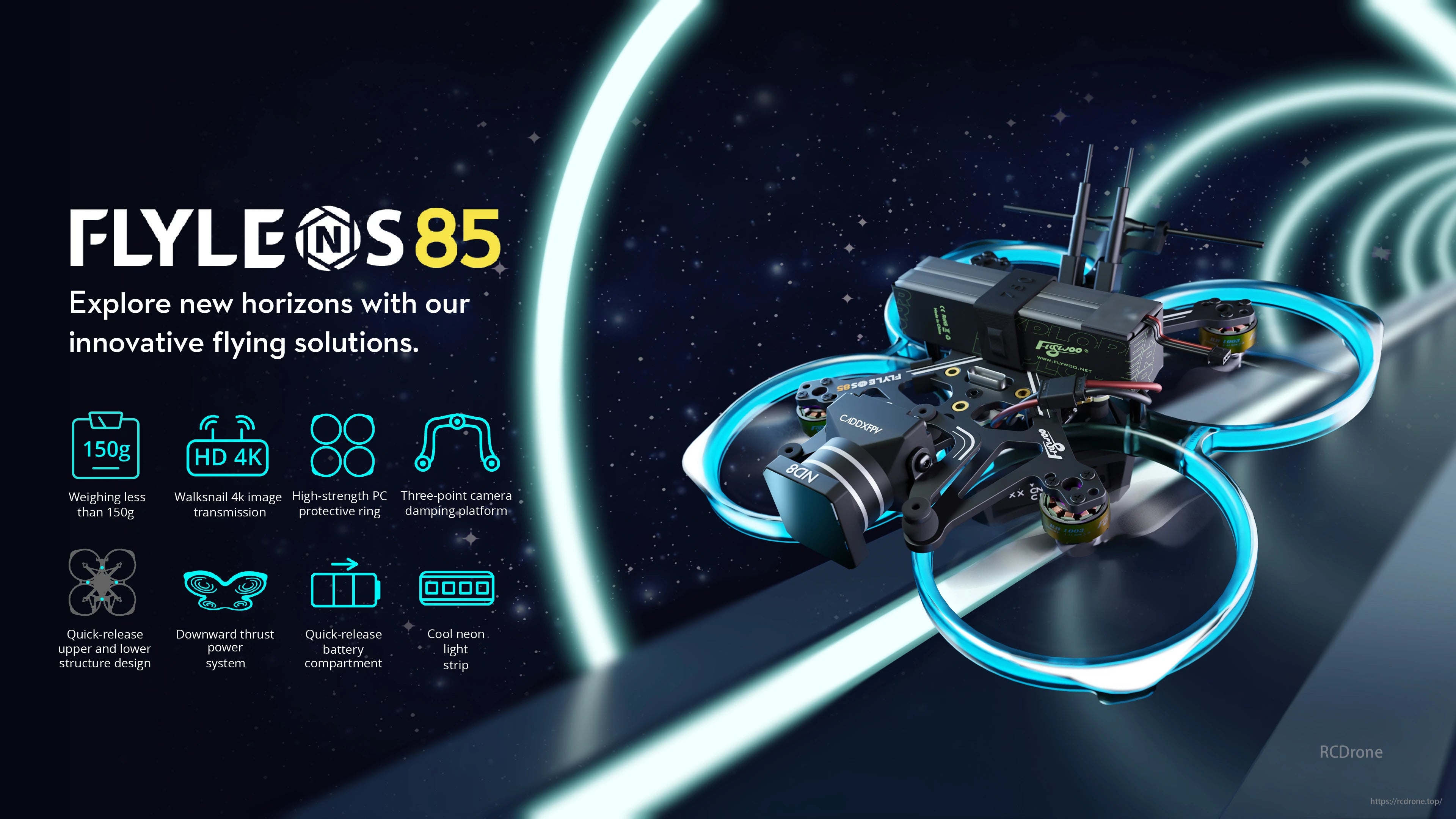 Flywoo 85 HD Whoop Drone offers Walksnail 4K transmission, a protective ring, camera damping, quick-release structures, enhanced stability, swift battery changes, and a stylish design for superior performance.