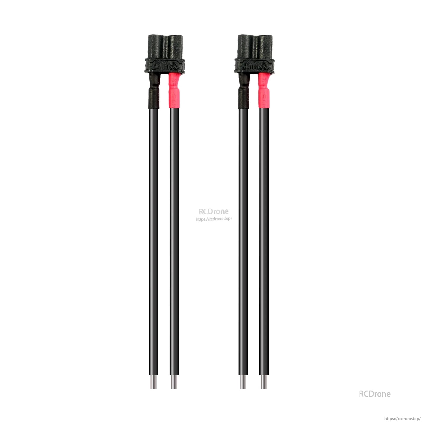 Pair of Flywoo XT30U connector pigtails with long black leads, red/black polarity markers, and bare wire ends