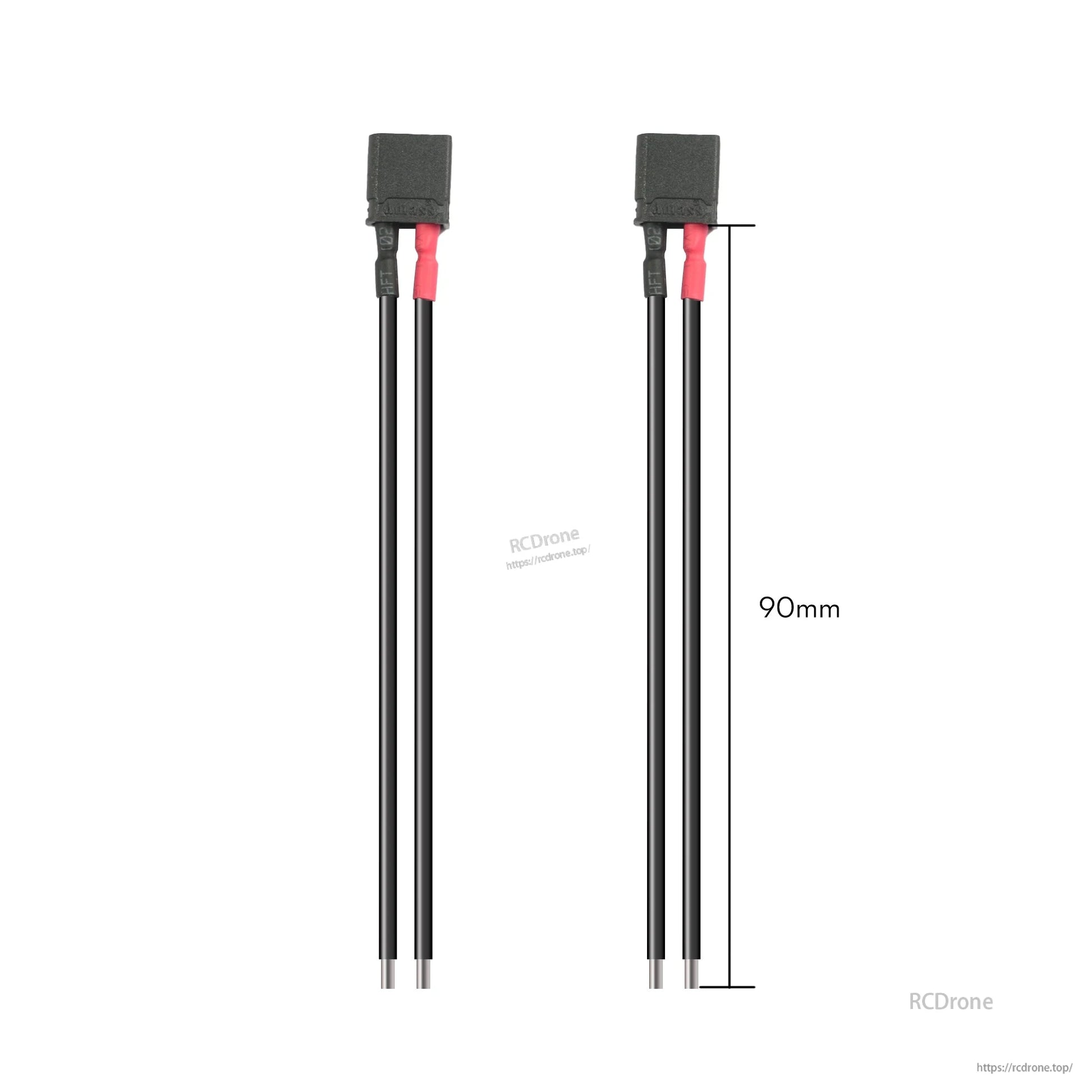 Flywoo Black XT30U connector pigtail pair with red and black leads, 90mm wire length