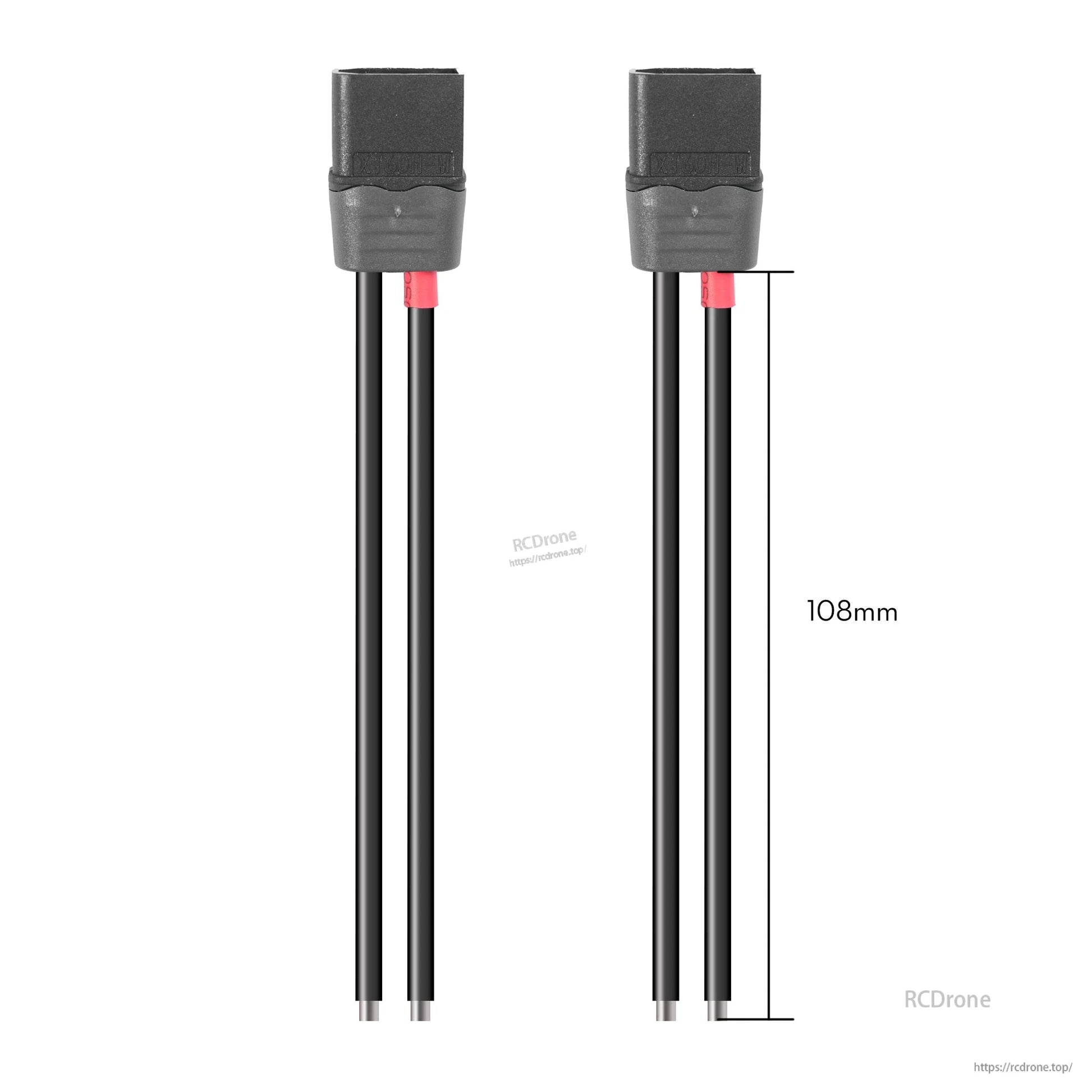 Pair of black XT60H power connector pigtail leads with red heat shrink and approx. 108mm wire length