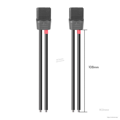 Pair of black XT60H power connector pigtail leads with red heat shrink and approx. 108mm wire length