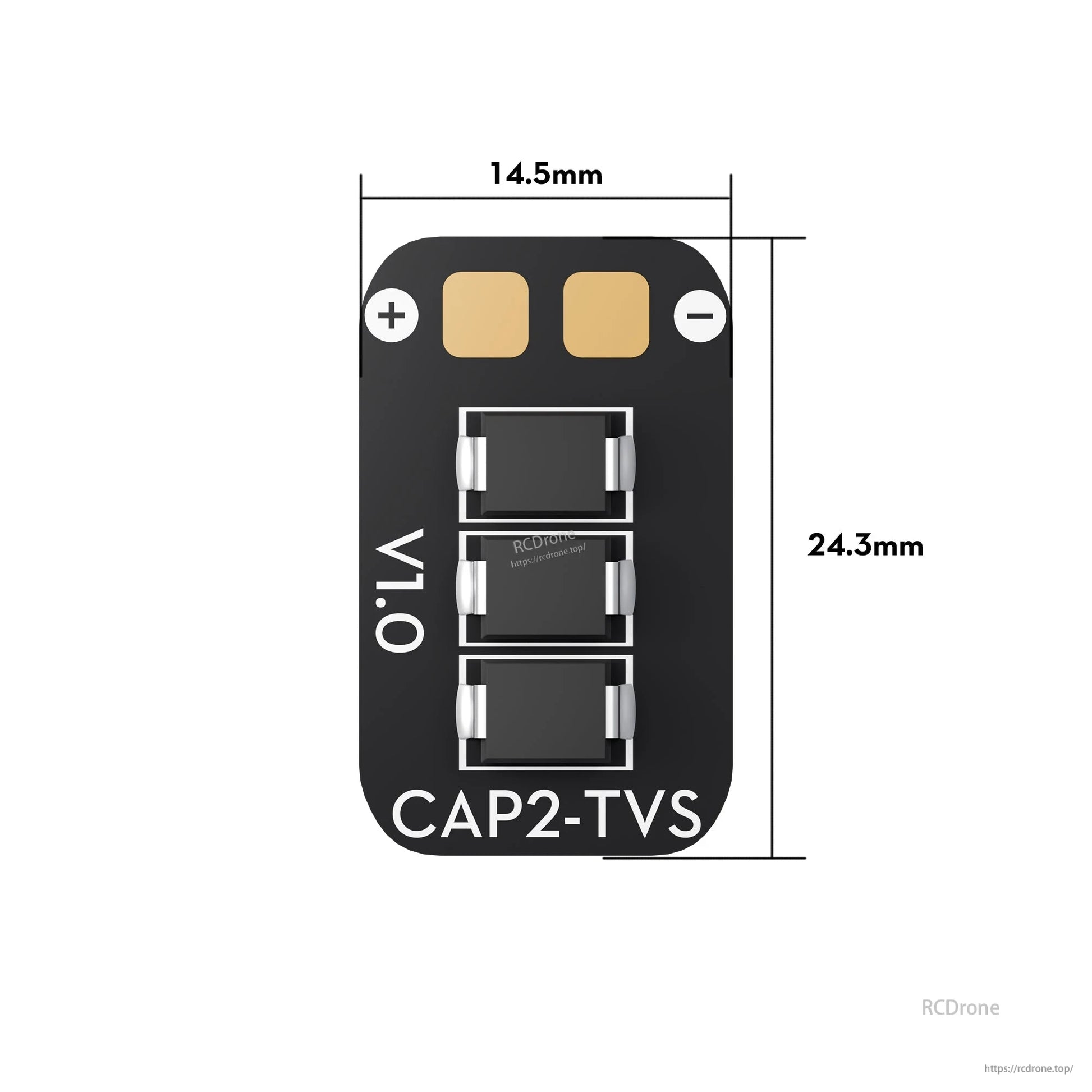 Flywoo CAP2-TVS ESC power filter board with +/− pads, labeled CAP2-TVS, 14.5mm x 24.3mm