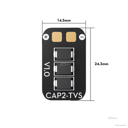 Flywoo CAP2-TVS ESC power filter board with +/− pads, labeled CAP2-TVS, 14.5mm x 24.3mm