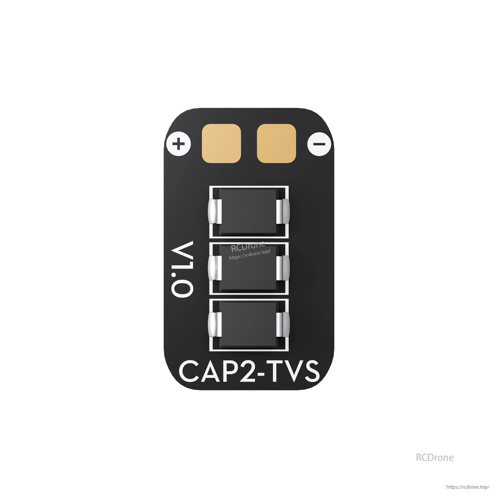 Flywoo CAP2-TVS ESC power filter board with + and - solder pads, three surface-mounted components, and CAP2-TVS label