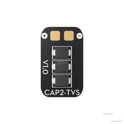 Flywoo CAP2-TVS ESC power filter board with + and - solder pads, three surface-mounted components, and CAP2-TVS label